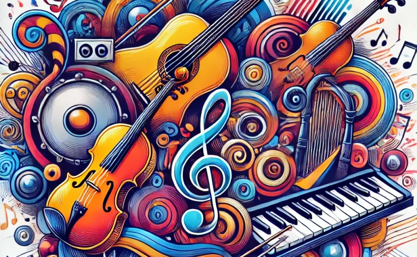 Ilustrasi beragam alat musik dengan latar belakang yang dinamis dan penuh warna